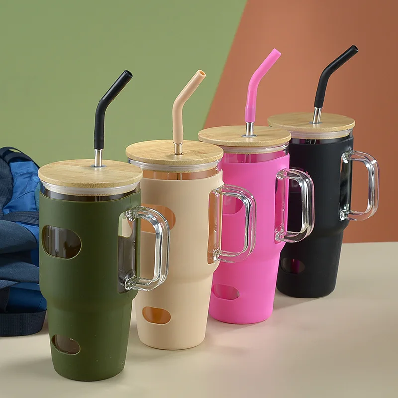 Wholesale 32oz Glass Tumbler with Bamboo Lid Silicone Cover Straw Custom BPA-Free for Coffee Beer Wood Material Mugs Accessories