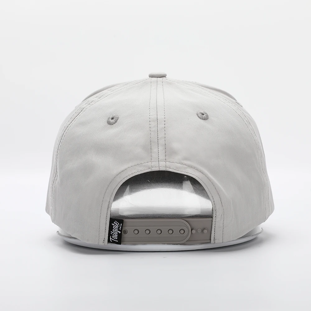 BSCI Factory Custom 5 Panel Grey Rope Hat,High Quality Embroidery Logo Curved Brim Quick Dry Nylon Snap Back Baseball Cap