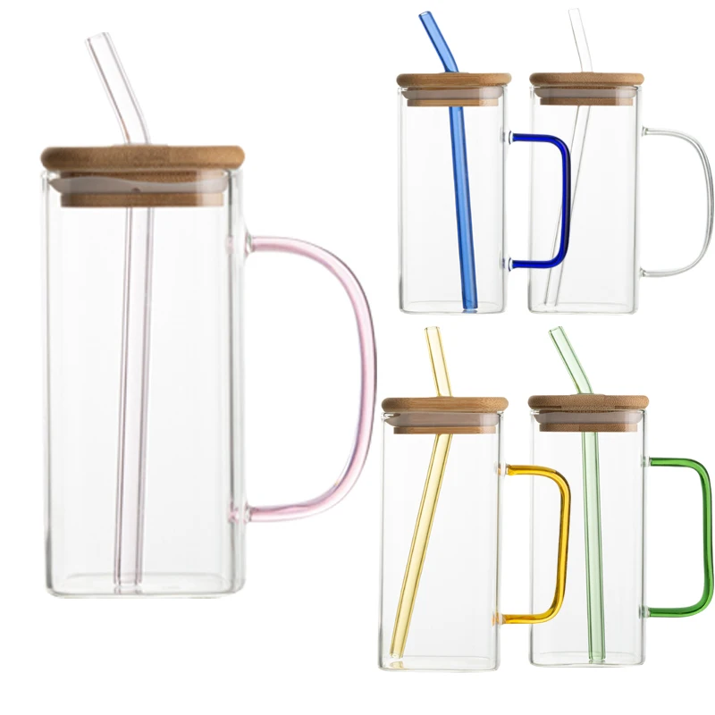 400ml Clear Glassware Drinkware Iced Coffee Tea Mug Water Tumbler Dinking Glasses Jar Square Glass Cup with Lid Straw Handle