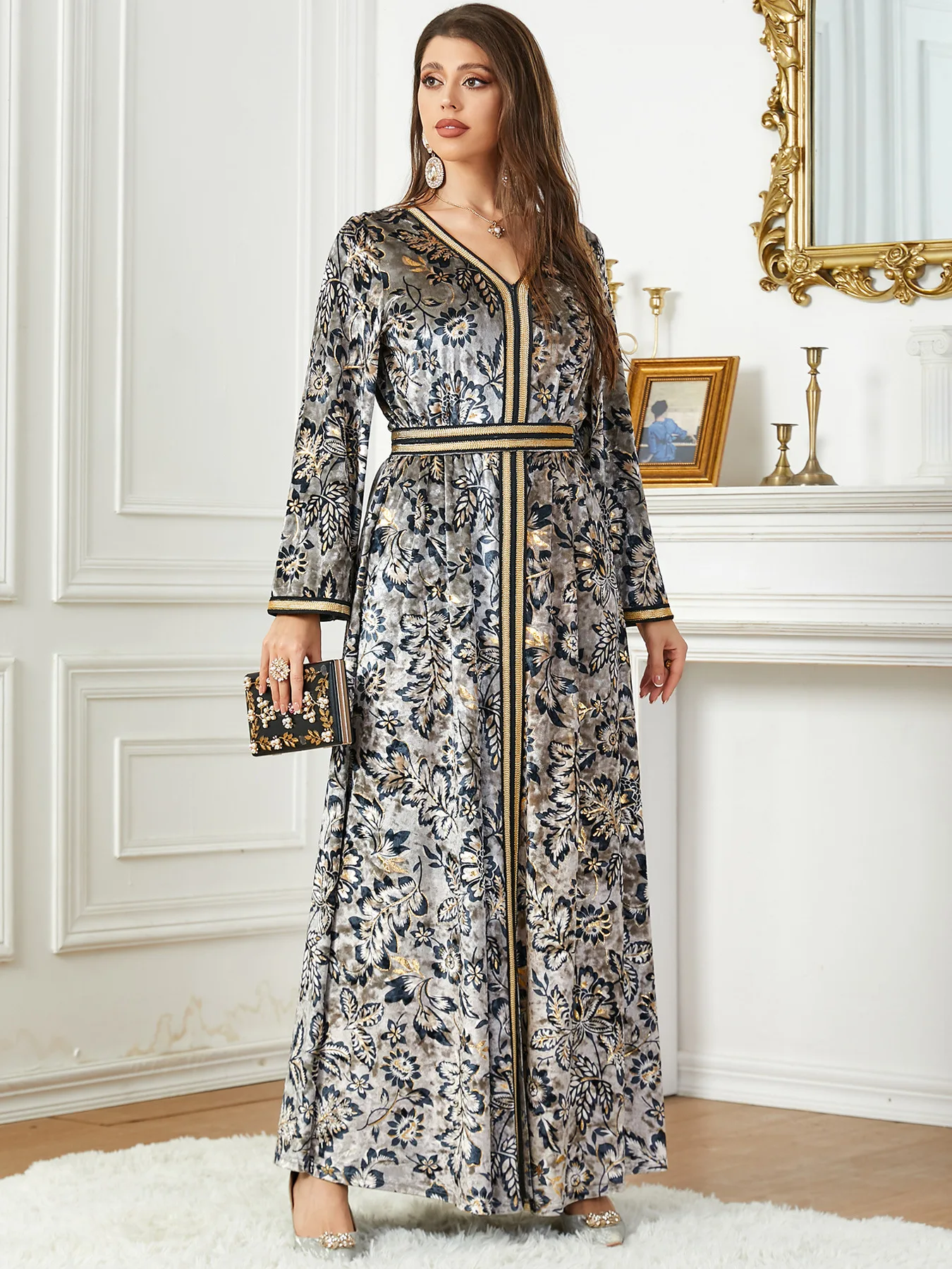 1719 Floral Velvet kaftan long dresses women Muslim Abayah traditional Arab Morocco ethnic Velvet dress Islamic clothing