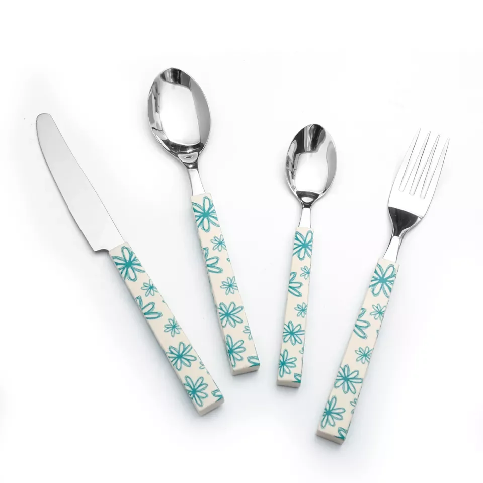 5pcs Flower Pattern PP Plastic Handle Stainless Steel Table Knife Fork Spoon Tea Spoon Flatware Set Cutlery Set