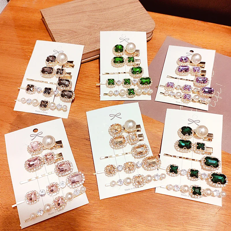 2022 Wholesaler Korean Word Hair Clips Hairpin Accessories Vintage Green Pearl Rhinestone Hair Clips For Women Girl