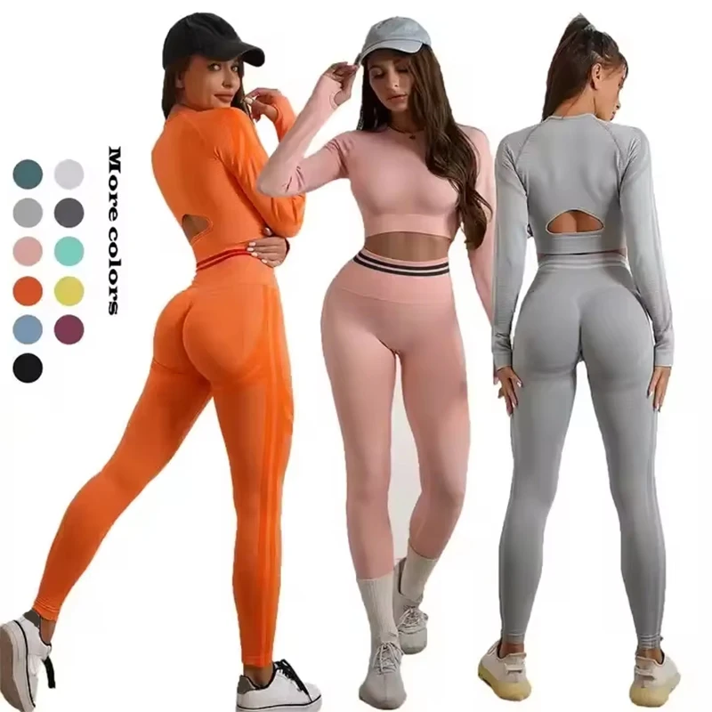 2pcs Seamless Hot Selling Gym Sports Wear Running Breathable Knitted Tight Yoga Wear Long Sleeve Suit Set Full 1 Piece Mid S-M-L