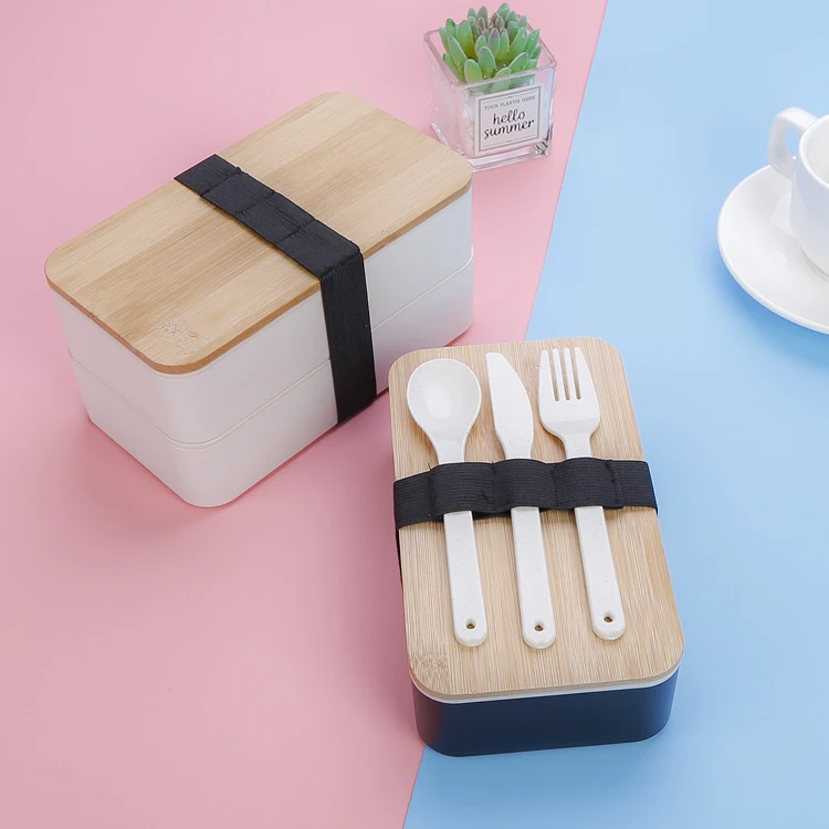 Two Layer White Reusable Plastic Package New Design Japan Lunch Box With Bamboo Lid