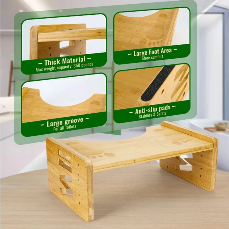 Bathroom Toilet Poop Stool Multi-Height Adjustable Bamboo Potty Stool Non-Slip Mat Squat Stool