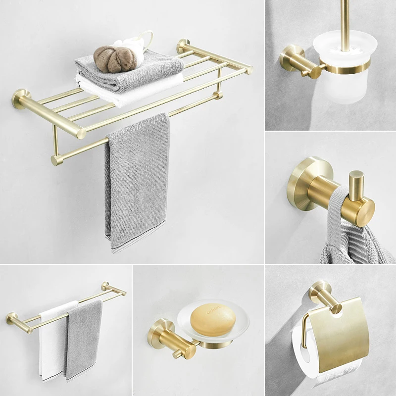 High quality Hotel wall mounted  towel bar Stainless steel sus304 towel rack Brushed gold bathroom accessories set