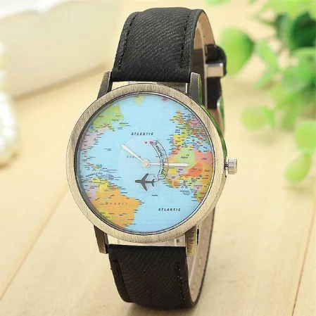 Cool Mini World Fashion Quartz Watch Men Unisex Map Airplane Travel Around The World Women Leather Dress Wrist Watches D30