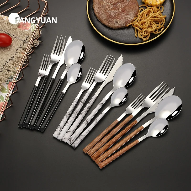 FANGYUAN wholesale plastic wood pattern handle party cuttlery stainless steel cutlery set