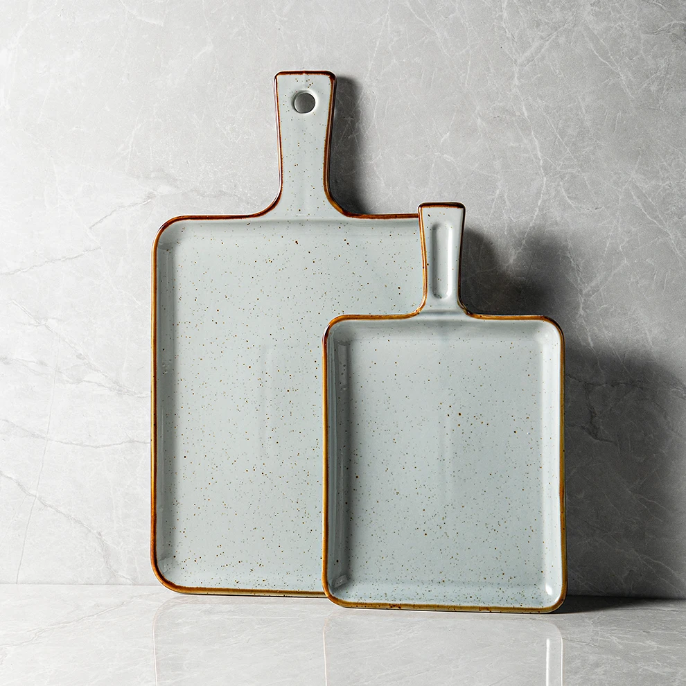 Crokery Ceramic Dishes & Plates Restaurant Vaisselle Teller Steingut Gery Color Speckle Porcelain  Handle Pate With Handle