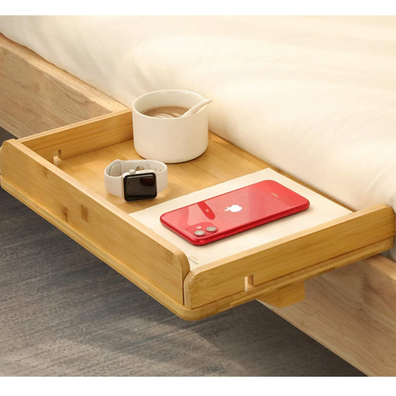 Easy Assemble Bamboo Snack Floating Bedside Table Shelf Tray Organizer for Bunk Dormitory Beds USB Cable Management & Cup Holder