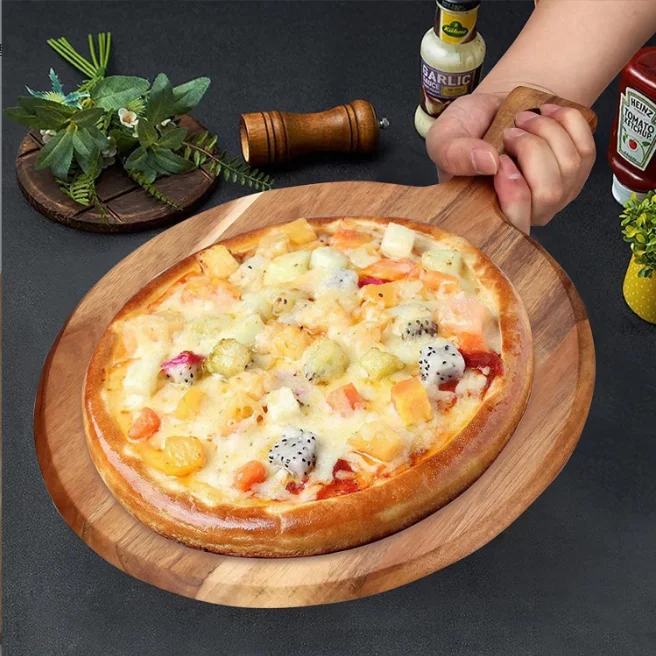 Wholesale Vintage Round Shape Wooden Pizza Cutting Serving Board Plate Peel Tray