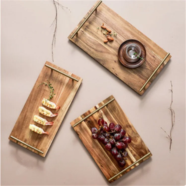 Factory Suppliers Nordic wooden tray creative rectangular acacia Wooden Serving Tray with metal handles