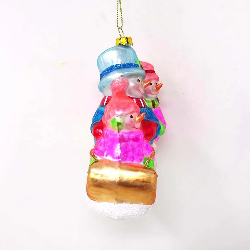 Factory wholesale glass ornaments for christmas cute three snowmen sitting on a sleigh pendant