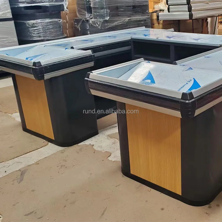 Supermarket Cashier Store Checkout Counter for Sale Made of Wood Steel and MDF Cash Register Type
