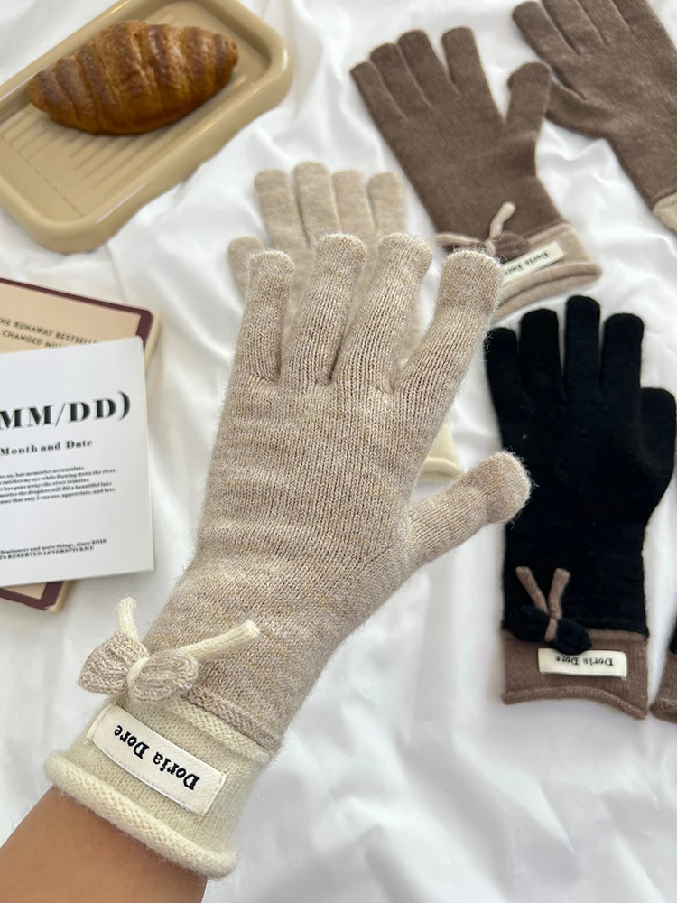 Bowknot Decoration Women Winter Warm Cashmere Glove Custom Fashion Knitted Gloves Girls Knitted Full Finger Gloves