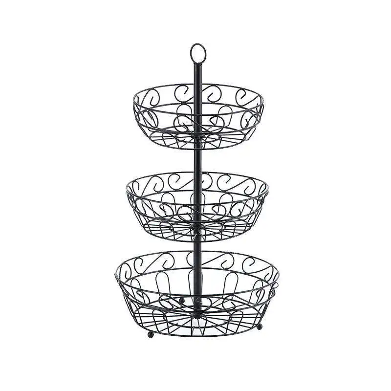 Wholesale Iron Metal Wire Vegetables And Fruit Rack Kitchen Storage Basket 2 3 Tier Hanging Handle Display Black Bowl For Home