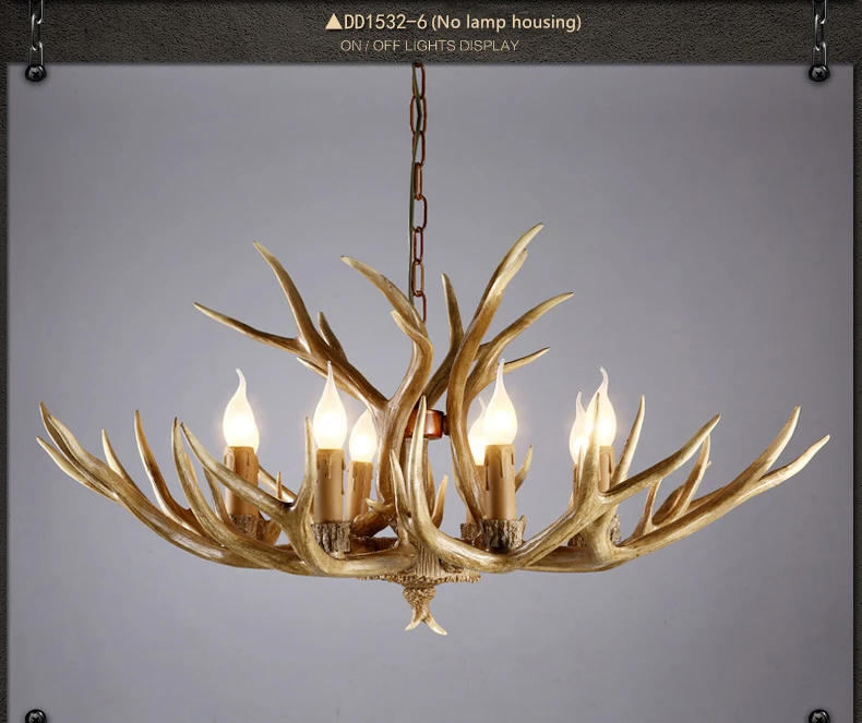 Nordic antique deer antler resin kitchen decorative candle LED pendant lighting rustic ceiling wooden chandelier