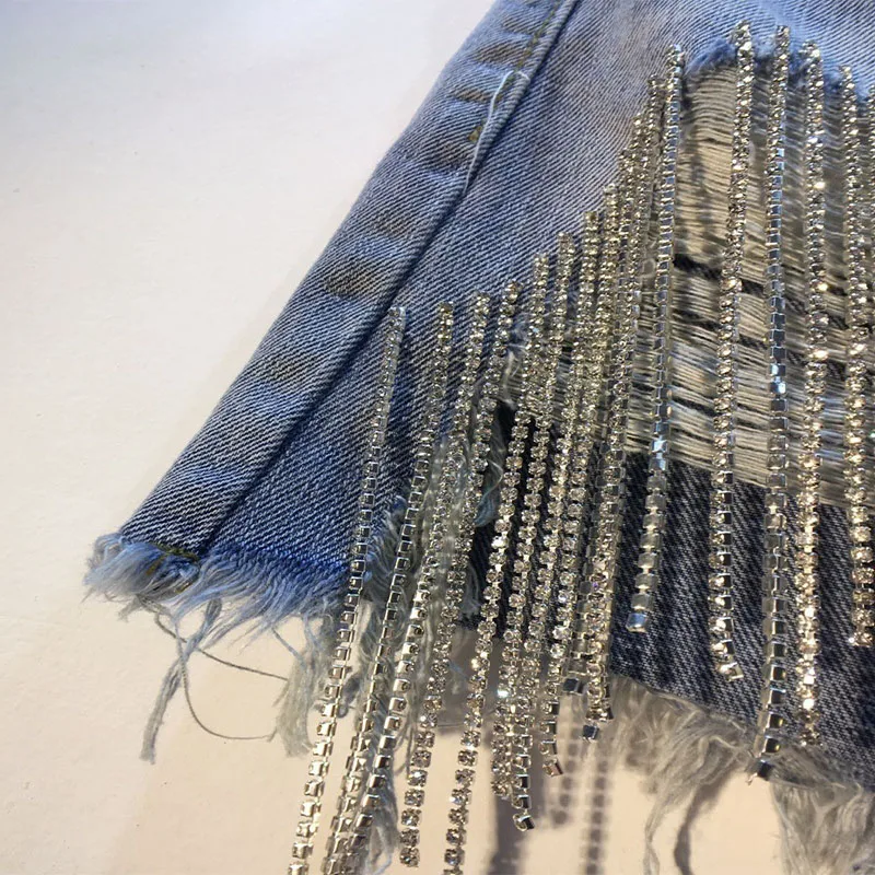 New custom design heavy tassels diamonds Beads plus size women light night high waist denim