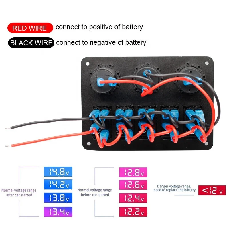 5 Gang Rocker Switch Panel ON Off LED Light Switch with 3.1A USB Digital Voltmeter Cigarette Lighter Socket