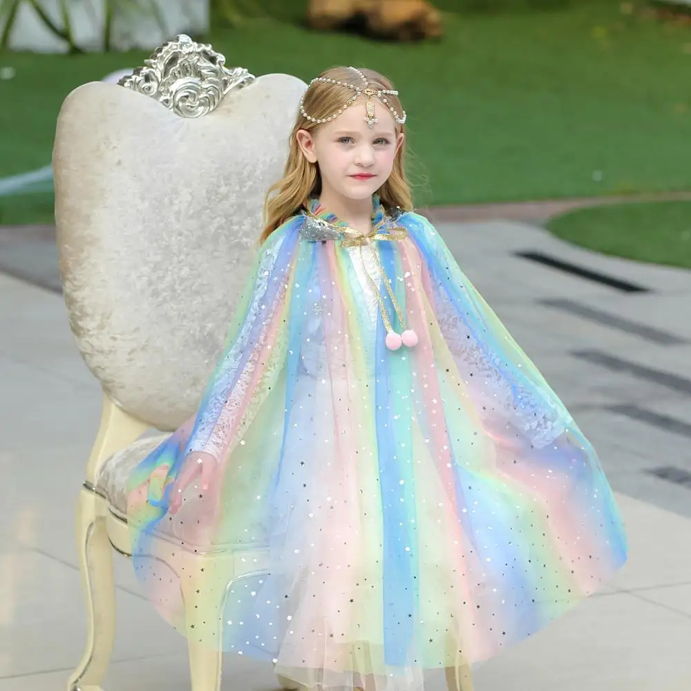 Wholesale Princess Rainbow Sequin Star Kids Girls Chiffon Cape For Evening Dress