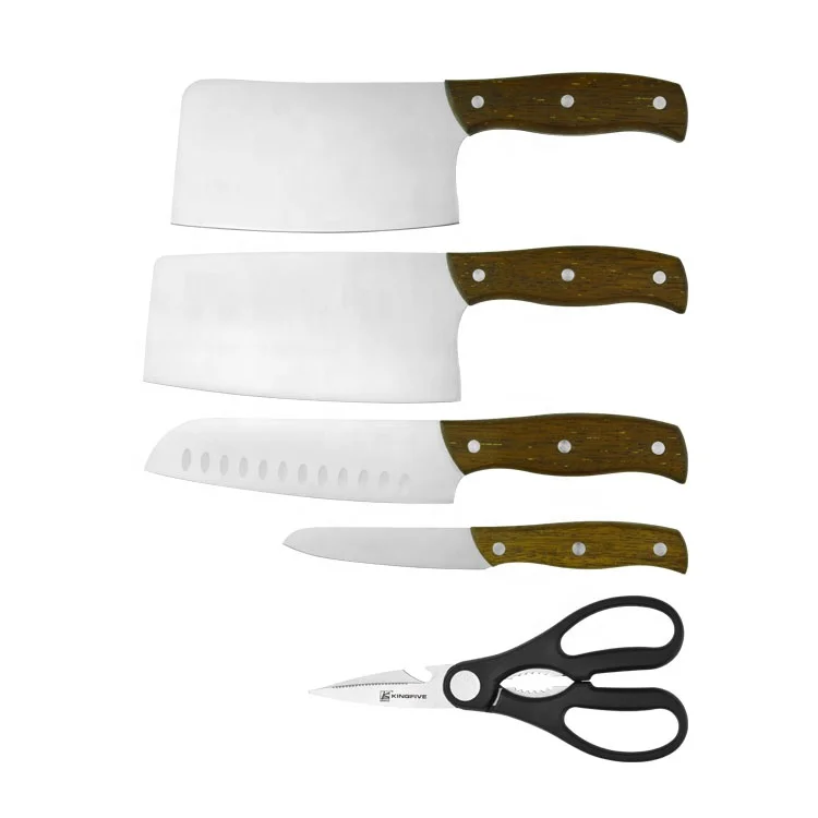 Chinese Messer Wholesale Walnut Wood 6 Pcs Kitchen Knife Set Scissor Chef Knife with Wooden Block