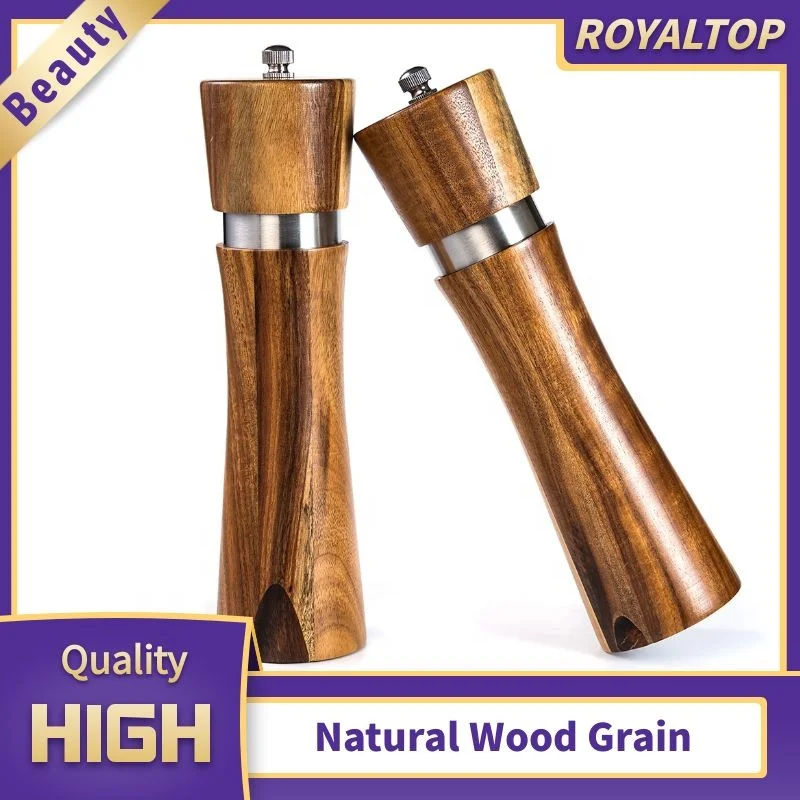 Bulk Kitchenware Manual Wooden Spice Mill Acacia Wood Salt Shaker Adjustable Ceramic Salt And Pepper Grinder