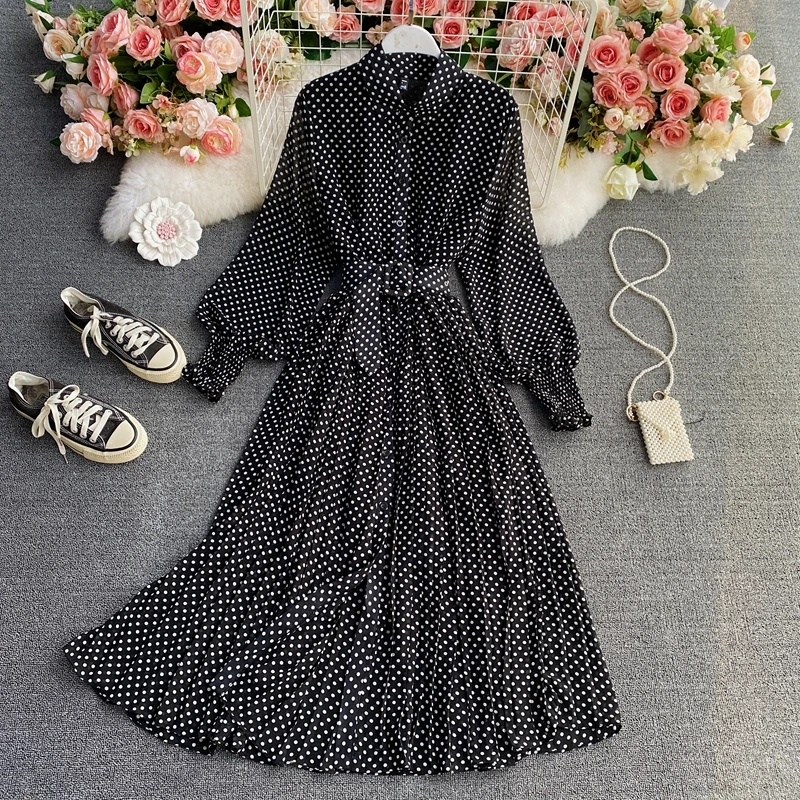 Polka Dot Blouse Collar Long Sleeve Dress 2021 Spring and Autumn New Elegant Chiffon Dress Waist-Controlled Pleated Long Dress