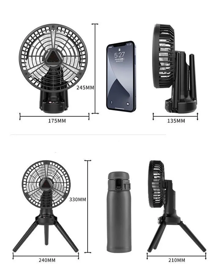 Outdoor folding tripod with battery solar charging fan with lighting system USB camping fan