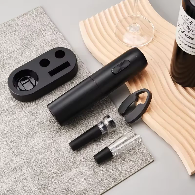 4in1 Rechargeable Automatic Electric Wine Bottle Opener Gift Set With Foil Cutter Wine Pourer Vacuum Stopper and Base