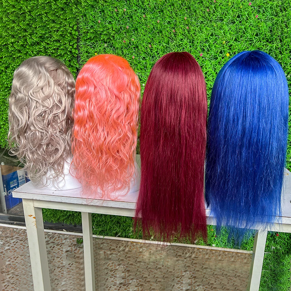 Red Color Human Hair Wigs with Bangs Straight Lace Front Wigs Cuticle Brazilian Virgin Hair Glueless Lace Wigs Bleached Knots