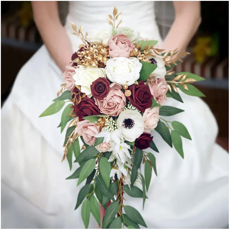 SPH034 Wholesale Wine Red Bean Paste Pink Water Drop Holding Flowers Simulation Bride Holding Flowers Bridal Bouquet For Wedding