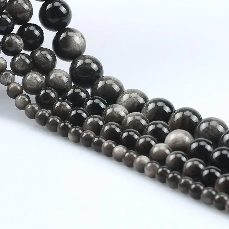Natural Silver Obsidian Round Loose Beads 4/6/8/10/12/14mm Pick Size Loose Stone For Jewelry Making Men Design Gifts Accessory
