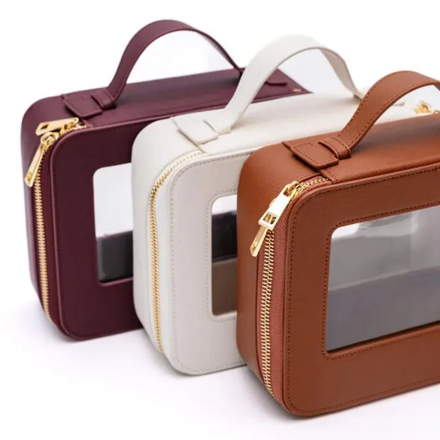 Travel PU saffiano leather makeup bags handle zipper clear wash case transparent cosmetic bag for women