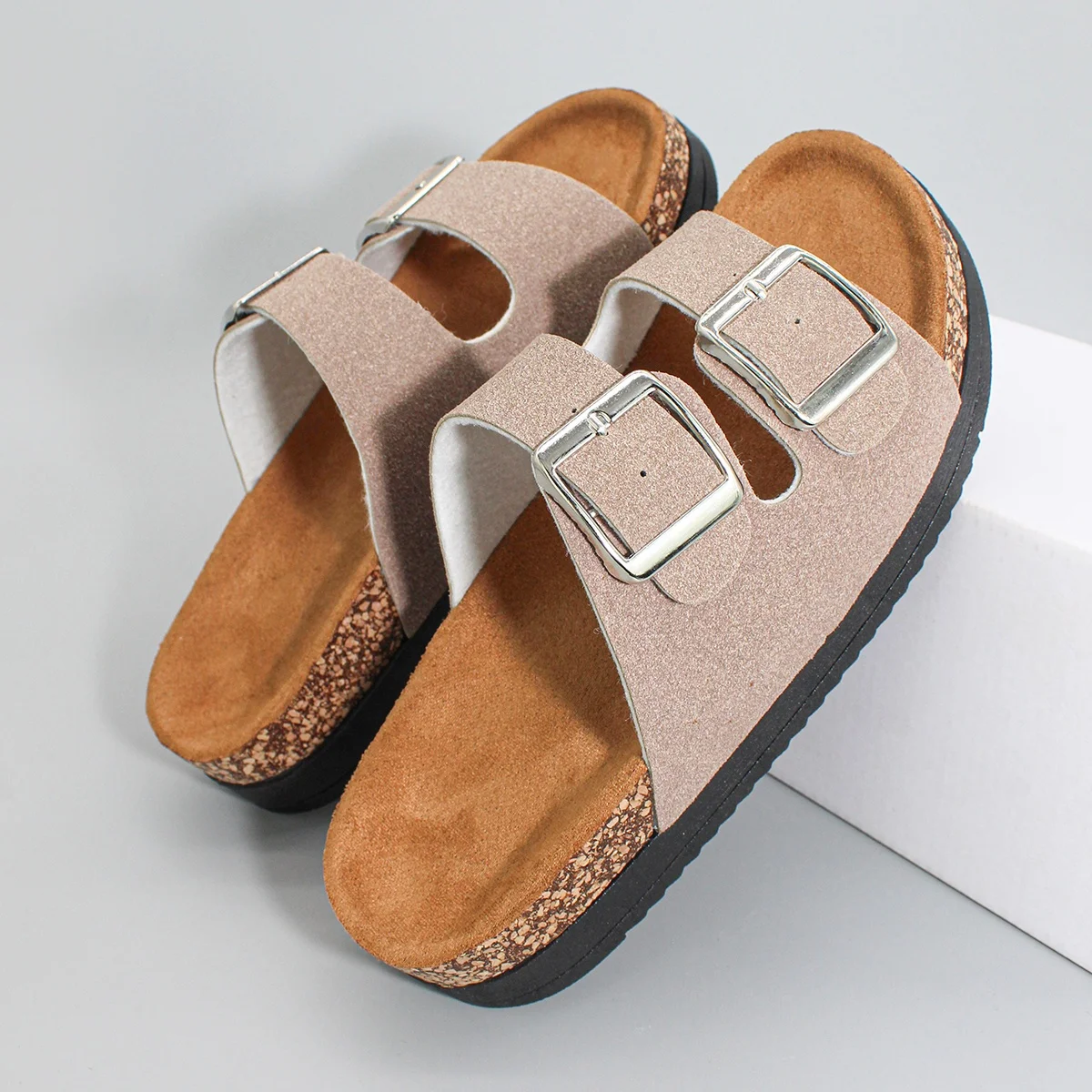 Hellosport High Quality Unisex Double Buckle Strap Men And Women Summer Couples Anti-slip Cork Slippers Thick Sole Flat Sandals