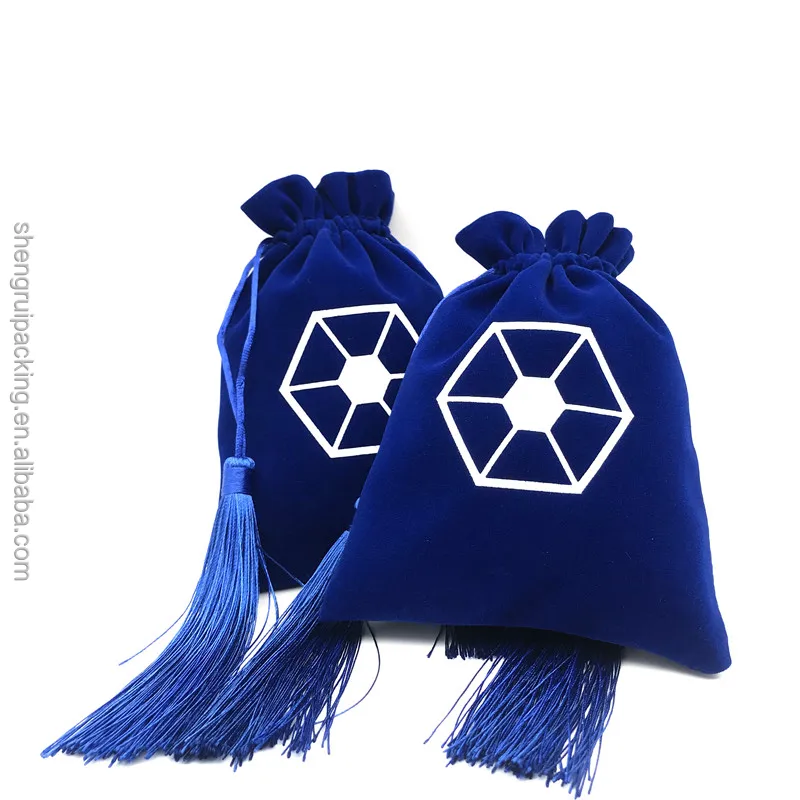 Blue Velvet Bag With Tassel Drawstring Velvet Storage Bag for Dice Velvet Mirror Cosmetic Pouch