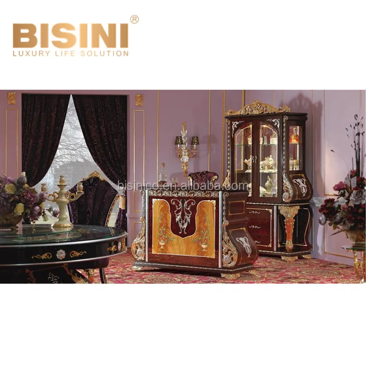 Vintage Design 24K Gilded 4-Door Wine Glass Display Cabinet, Italy Bronze Furniture Dinning Room Wooden Cupboard