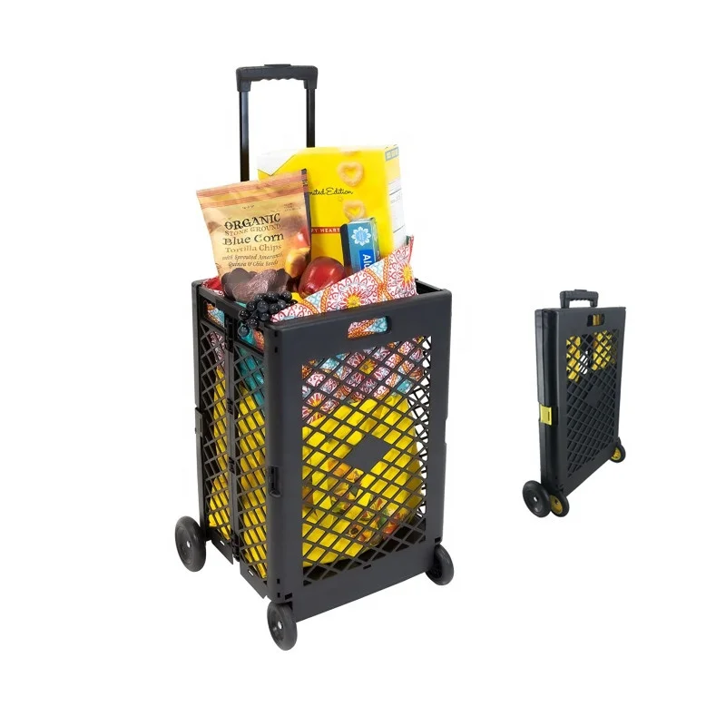 pink plastic collapsible trolley stackable vegetable basket for retail stores groceries 4 wheels