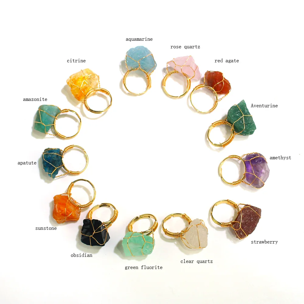hot sale  natural various raw rough gemstone rings Gems Adjustable Copper wire winding