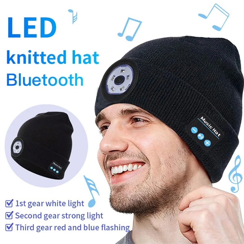 Unisex USB Rechargeable Hands Free 4 LED Headlamp Cap Winter Knitted Night Lighted Hat Flashlight LED Beanie Hat with Light