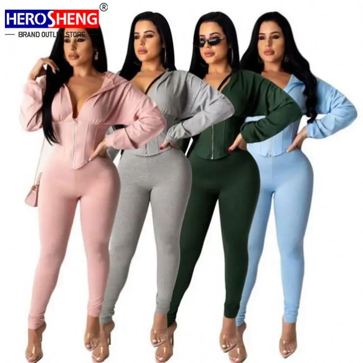 Wholesale Fashion 2021 Autumn Crop Top And Pants Sexy Skinny 2 Pcs Track Suit Outfits Two Piece Set Women Clothing