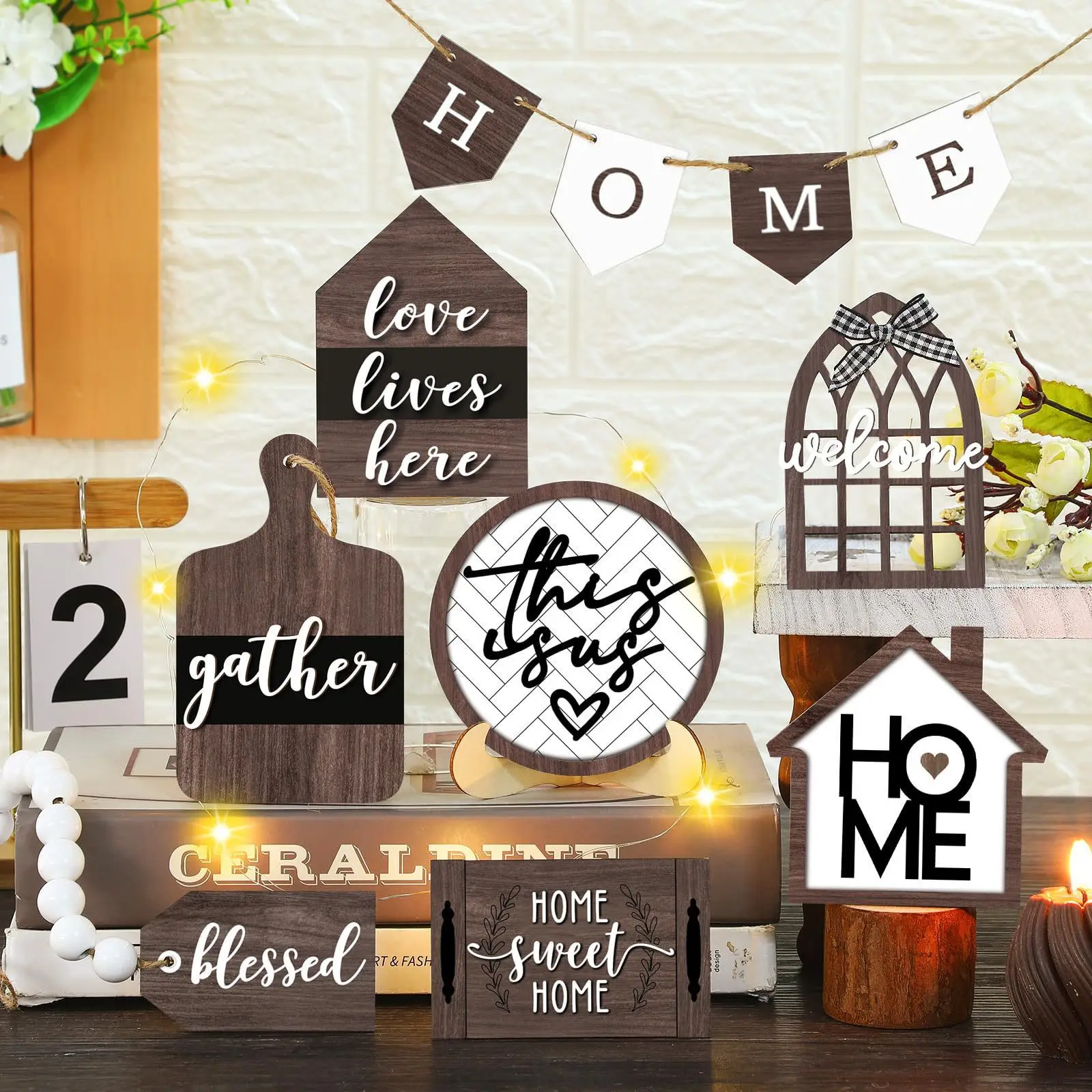 Custom Farmhouse Tiered Tray Decoration Ornament Craft 11 Piece Rustic Wood Sign for Table Kitchen Home Decor