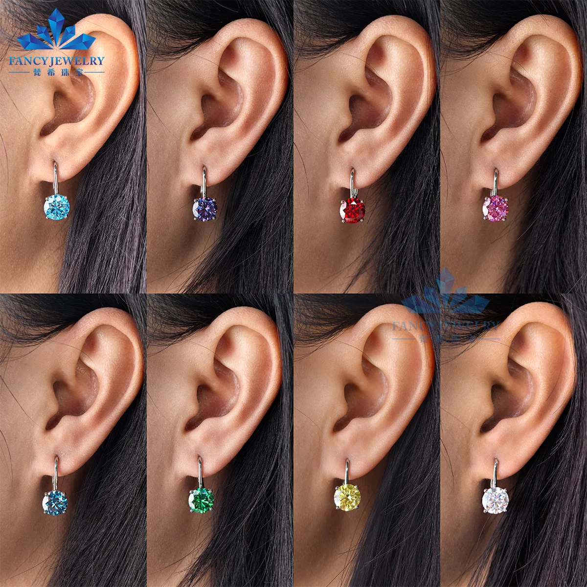 925 sterling silver 2carat round brilliant cut colorful moissanite  clip on earrings for women