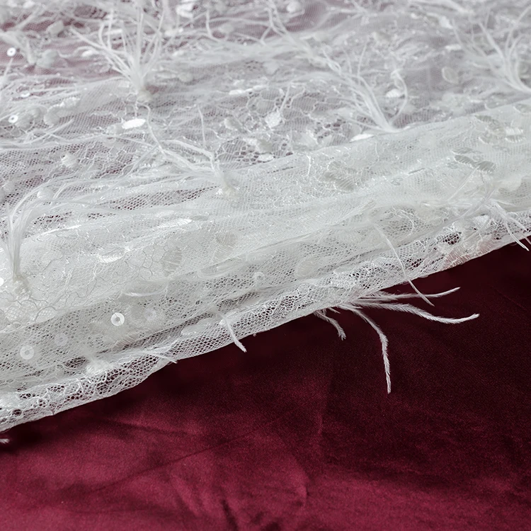 MX571 White Tulle Feather Sequin Bridal Mesh Embroidery Fabric Lace For Wedding Dress