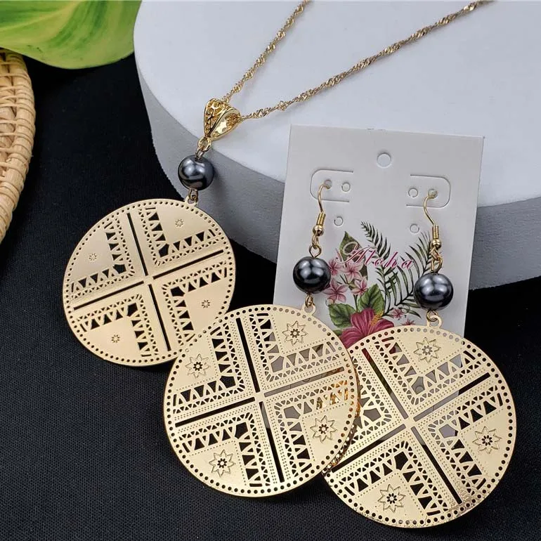 
Hawaiian fashion plated gold pearl pendant necklace earrings jewelry set for women 