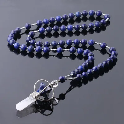 Natural Gemstone Beads Tiger Eye Black Agate Lapis Lazuli Necklace Rose Quartz Pendant Amethyst Clear Crystal Merkabas Necklaces