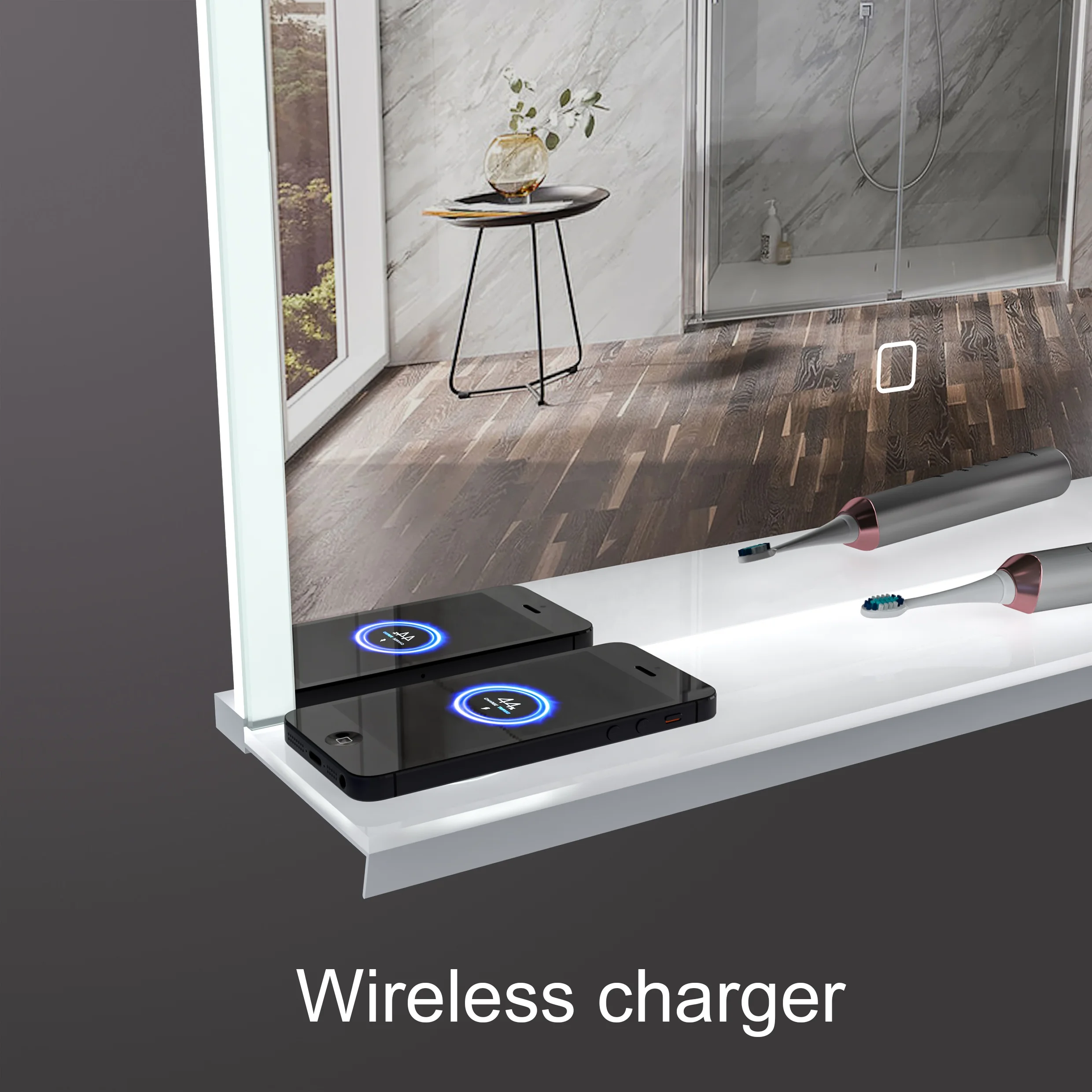 Smart Bathroom Mirror with Phone & Toothbrush Charger / Double Sided LED Mirror with Shelf