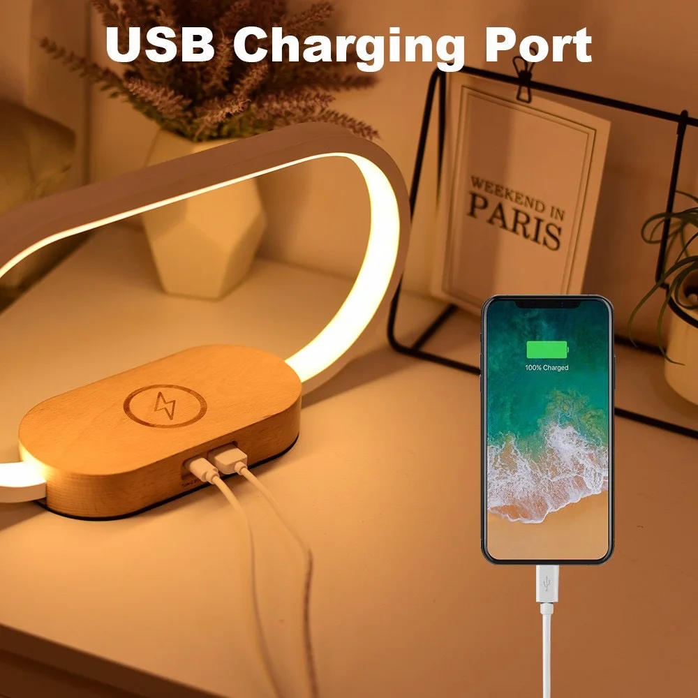 LED Wood Rechargeable Touch Dimmer Wireless Charging Night Clock Table Lamp For Home Decor Gift Party Holiday Wedding Christmas