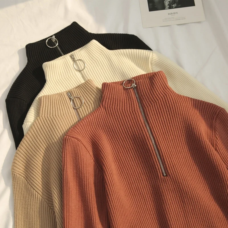 Knitwear manufacturers Half-Zipper Knitwear High Quality Custom Rib Knit Pullover O-Neck Long Sleeve Slim Sweater Women