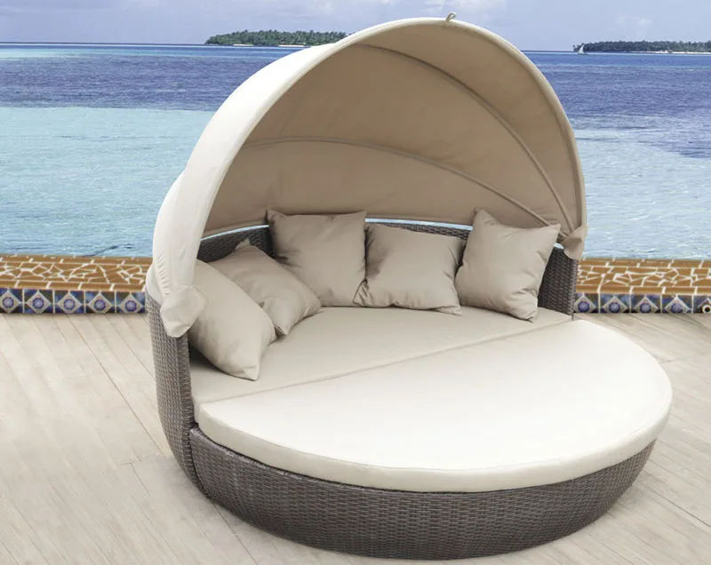 Outdoor furniture swimming pool beach aluminum rattan round leisure sunbed with awning