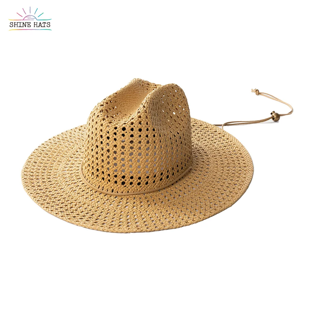 Shinehats 2023 Custom Wholesale Paper Straw Hat Dot Cut Out Cowboy Women Ladies Beach Sombrero Summer Sun Hat Luxury with Belt